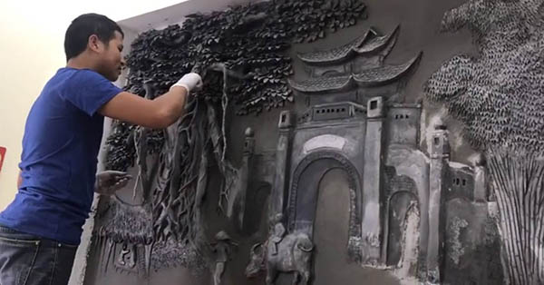 Thợ thi công tranh cổng làng phù điêu chủ đề phong cảnh đồng quê