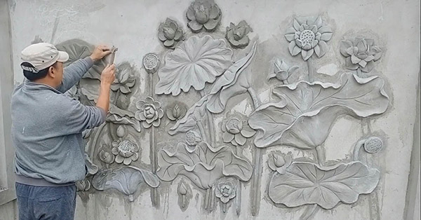 Thợ thi công tranh đắp phù điêu hoa sen đẹp tại Hưng Yên