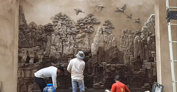Thi công đắp tranh tường sơn thủy xi măng đẹp tại Hưng Yên