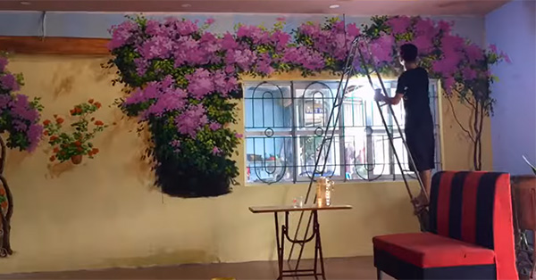 Tranh tường hoa giấy đang được thi công cho quán cafe tại Hưng Yên