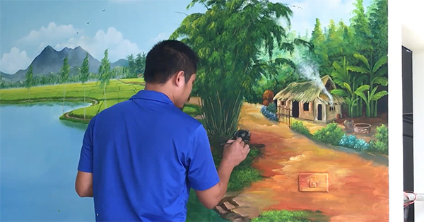 Phong cảnh đồng que núi rừng được họa sĩ phác họa sinh động cho quán ăn tại Hưng Yên