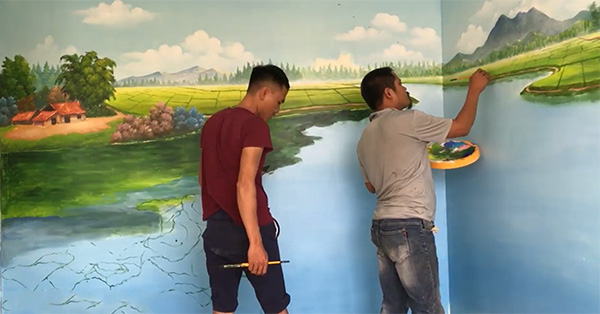 Vẽ tranh tường phong ảnh thiên nhiên triển khai thi công cho chung cư tại Hưng Yên